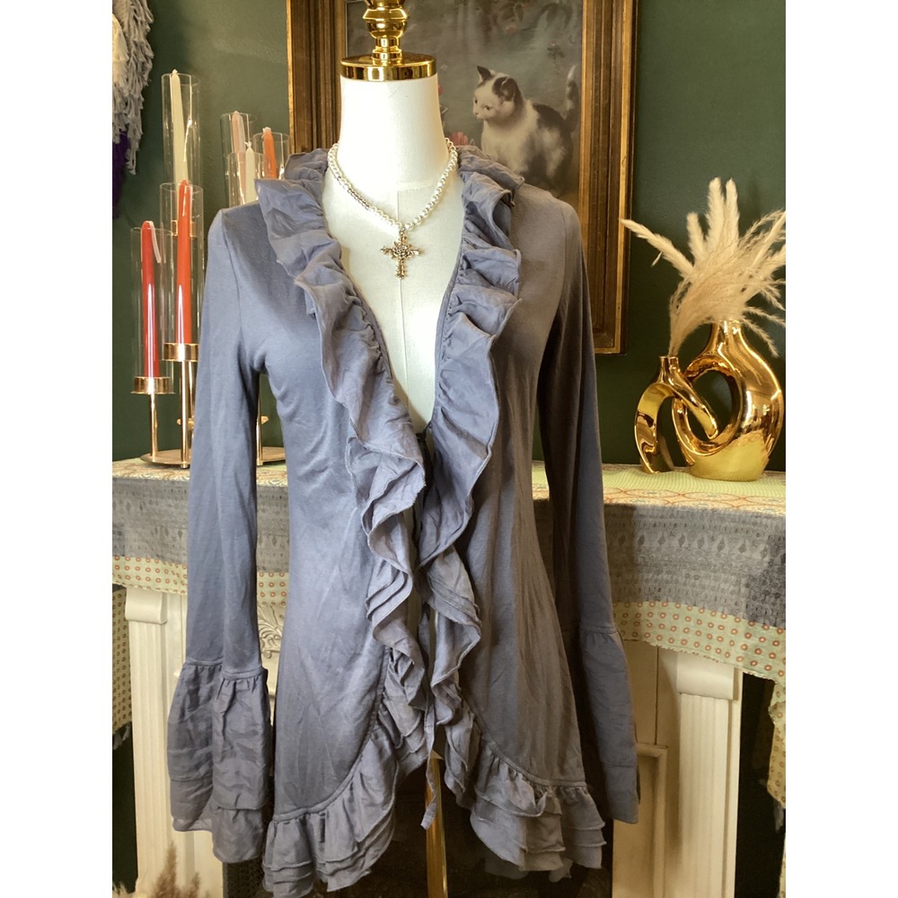 Monoreno Silk Ruffle Trim Open Front Cardigan Bell Sleeve Slate Grey Blue Size M
